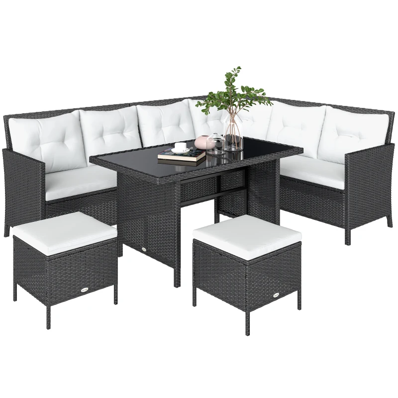 Outsunny Salon de jardin 8 pers. grand confort canapé d'angle + 2 poufs + table à manger 12 coussins assise & dossier fournis polyester écru résine tressée noire
