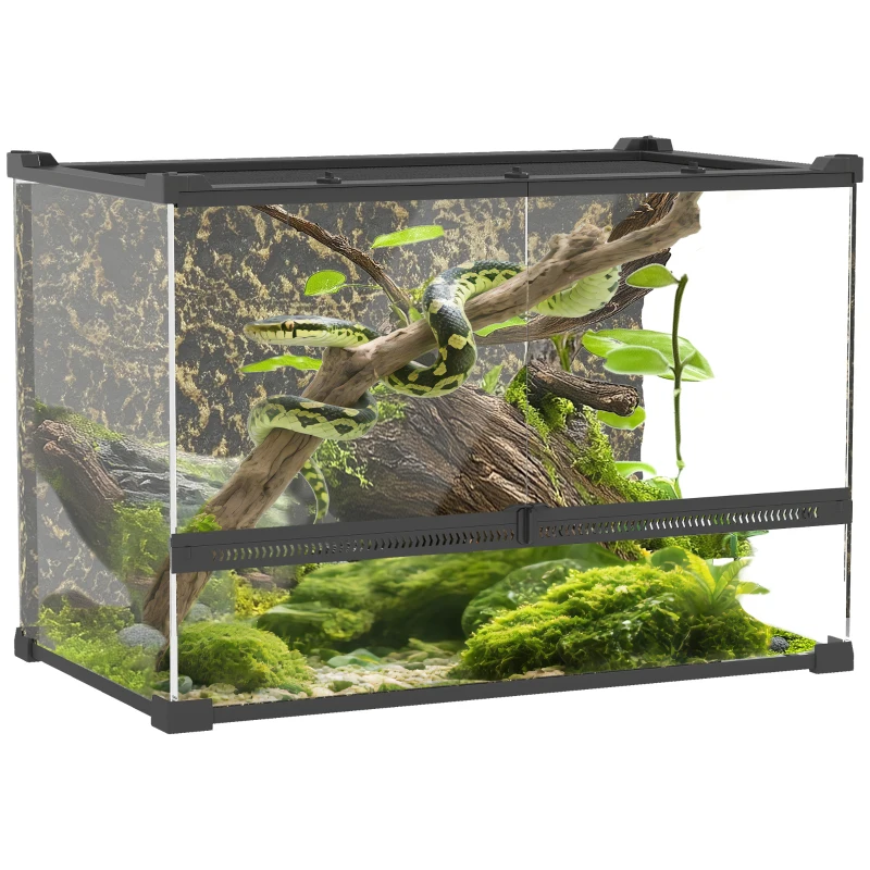 PawHut Reptile Glass Terrarium with Stone Background, Front Ventilation, Escape-Proof Knob Lock, 50 x 30 x 35 cm, Black