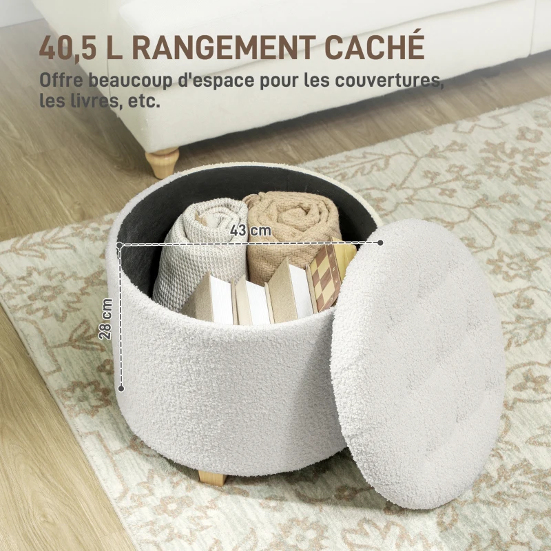 HOMCOM Pouf coffre rangement, tabouret rond, pouf repose-pieds en tissu bouclette, charge 120 Kg, Ø 45 x 41 cm, blanc