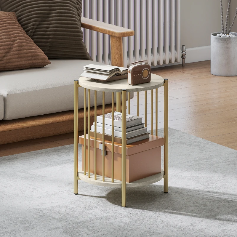 HOMCOM Runder Beistelltisch mit 2 Ebenen und Stauraumregal aus Stahl für Wohnzimmer Schlafzimmer Ø41x49 cm Natur