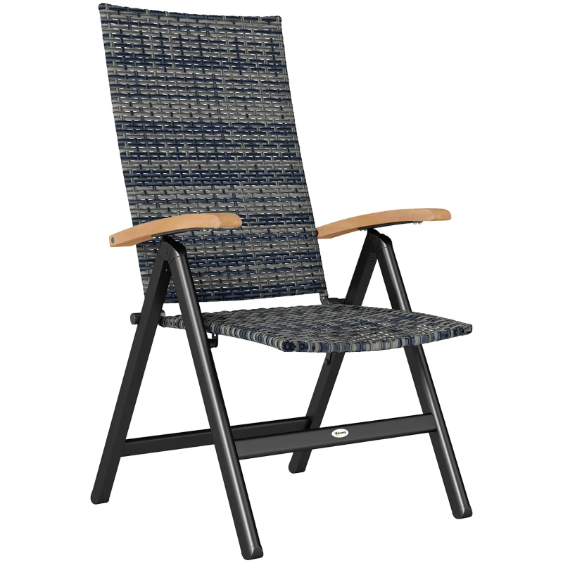 Outsunny Folding Rattan Garden Dining Chair with 5-level Reclining High Back, Wood Armrests for Outdoor, Patio - Mixed-grey