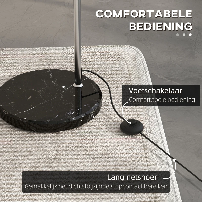 HOMCOM Booglamp, Staande Lamp, Verstelbaar, Voetschakelaar, Voet in Marmerlook, 170-180cm, Zilver/Zwart