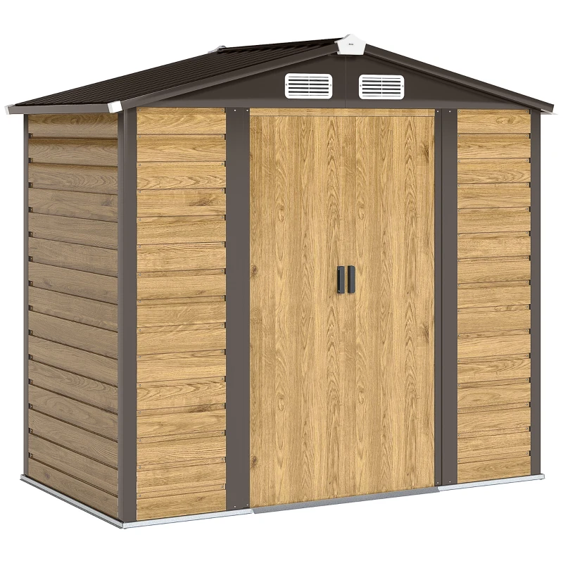 Outsunny Cobertizo Metálico para Jardín 213x120x166/194 cm con Base Refuerzo Puertas Correderas y Ventilaciones Roble
