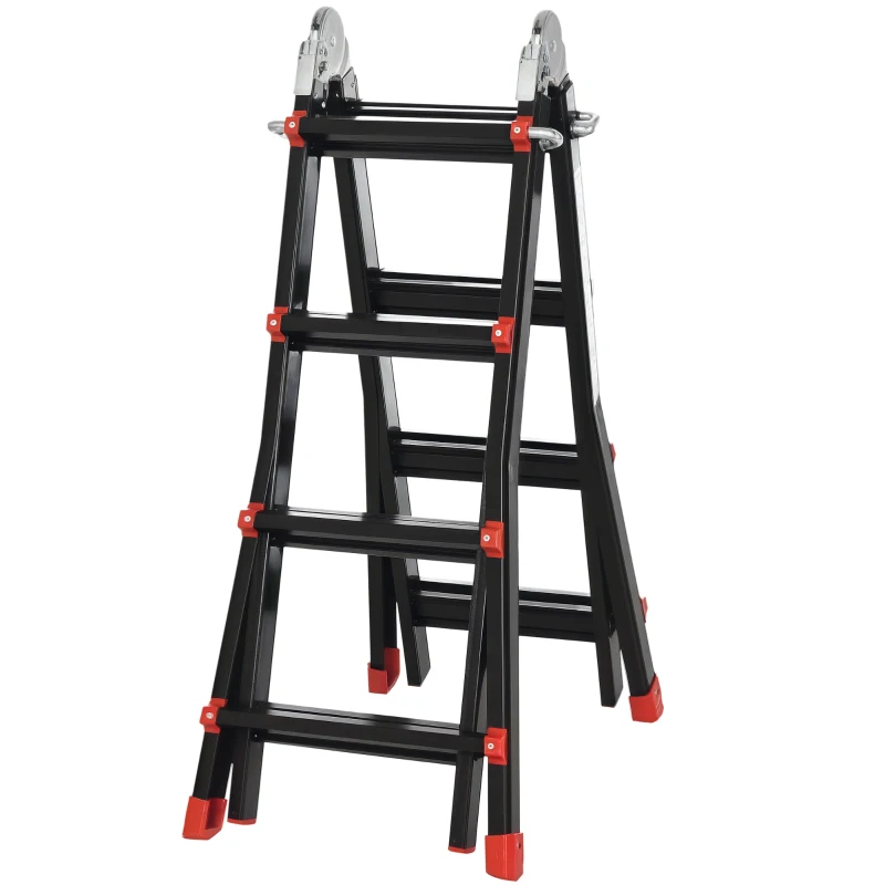 HOMCOM Teleskopleiter, rutschfeste Stufen, bis 150 kg belastbar, Aluminium, Schwarz+Rot