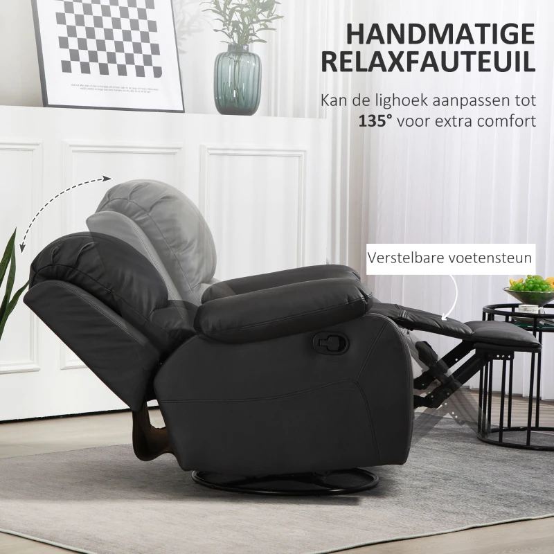 HOMCOM Relaxstoel, Verstelbare Leuning & Voetsteun, Draaibaar, tot 150 kg, Stalen Frame, 93x100x98cm, Zwart(m-4)