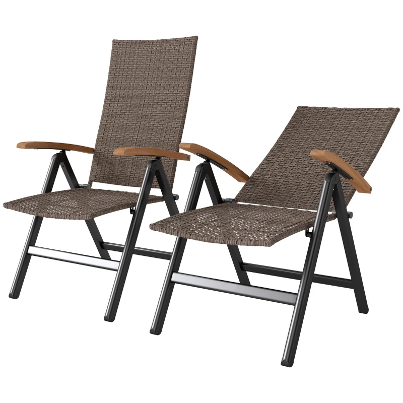 Outsunny 2 Pieces Folding Rattan Garden Dining Chairs with 5-level Reclining High Back, Wood Armrests for Outdoor - Brown