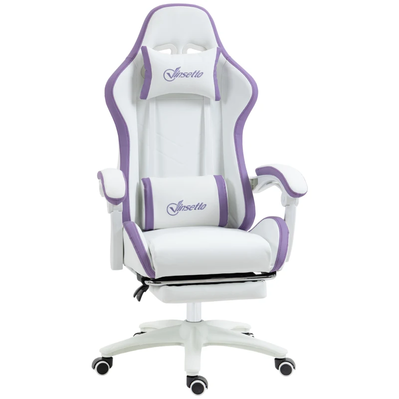 Vinsetto Scaun Gaming Reglabil pe Înălțime cu Tetieră, Alb și Mov
