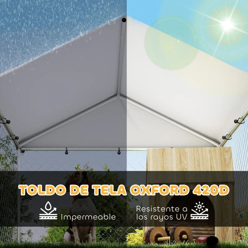 PawHut Perrera de Acero Galvanizado con Toldo Resistente y Estación de Alimentación para Perros 200x200x154 cm Plata