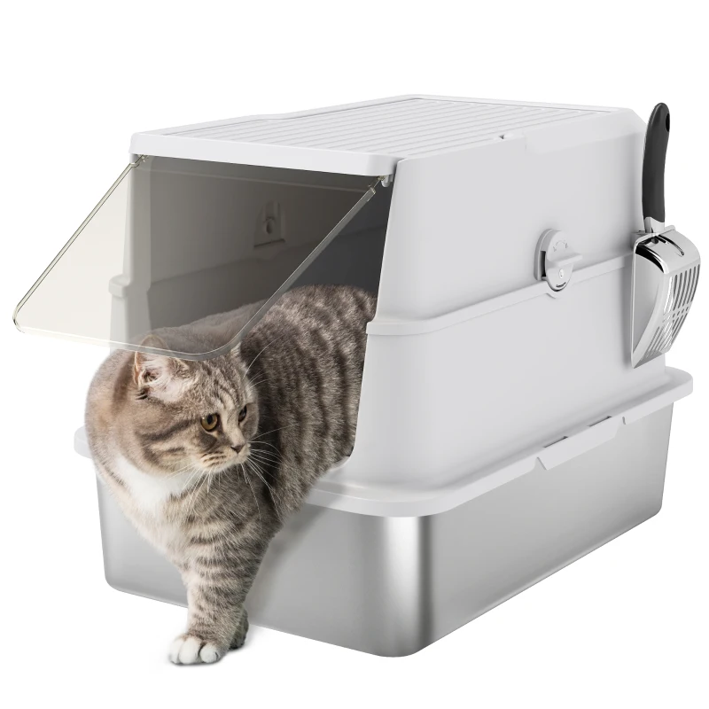 PawHut Lettiera per gatti, acciaio inossidabile, interno XL, con paletta, grigio chiaro