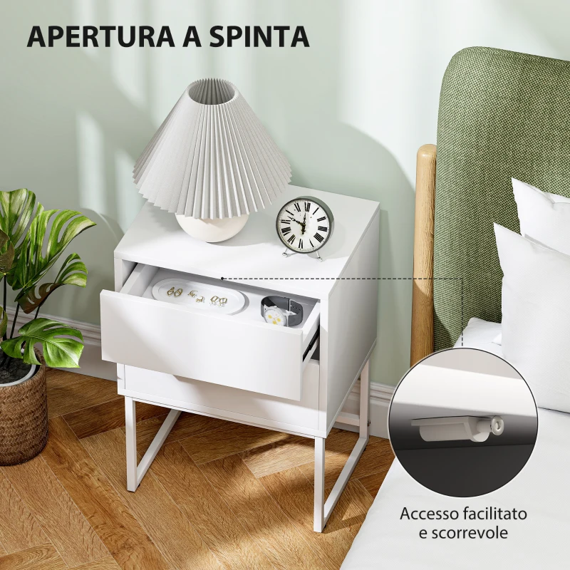HOMCOM Comodino Moderno a 2 Cassetti con Apertura a Pressione, MDF e Acciaio, 40x30x50 cm, Bianco