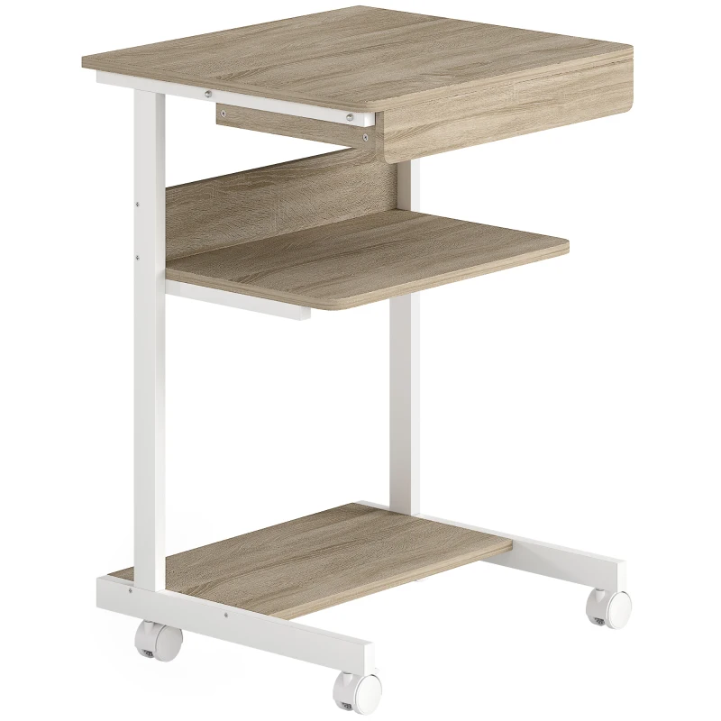 HOMCOM Escritorio PC con Cajón Deslizante, 2 Estantes y 4 Ruedas, en Madera y Metal, 56x51x79 cm, Blanco y Roble