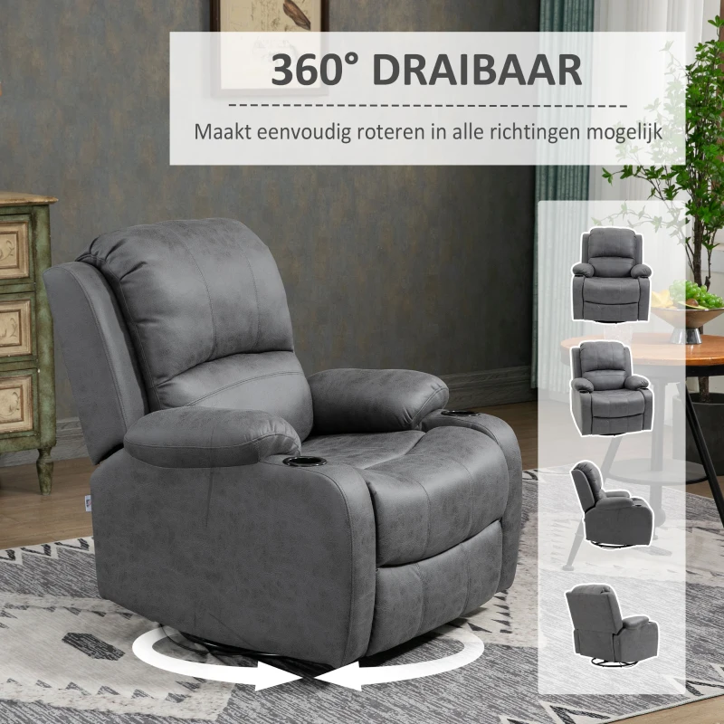 HOMCOM Fauteuil met voetsteun en ligfunctie, incl. bekerhouder, tv-fauteuil, grijs