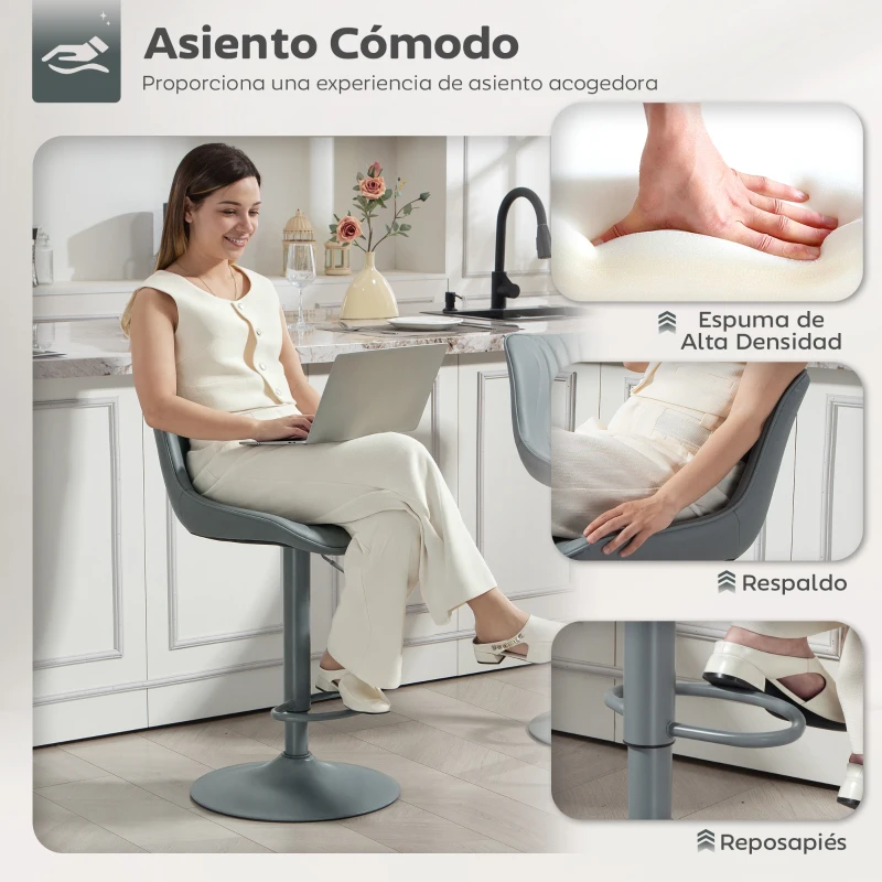 HOMCOM Juego de 2 Taburetes de Bar con Altura Ajustable Respaldo Asiento de Piel Sintética Marco de Acero y Reposapiés Gris