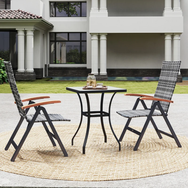 Outsunny 2 Pieces Folding Rattan Garden Dining Chairs with 5-level Reclining High Back, Wood Armrests for Outdoor - Light Grey