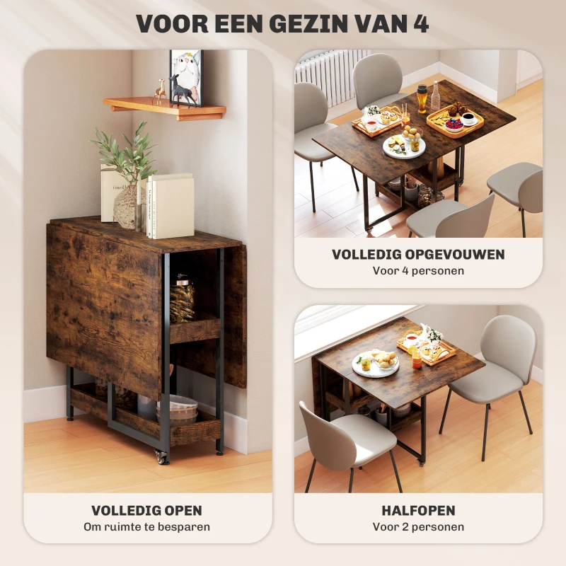 HOMCOM Inklapbare Eettafel in Industrieel Ontwerp, voor tot 4 Personen, Open Schappen, Flexibel, Metaal, Spaanplaat, Bruin(m-4)