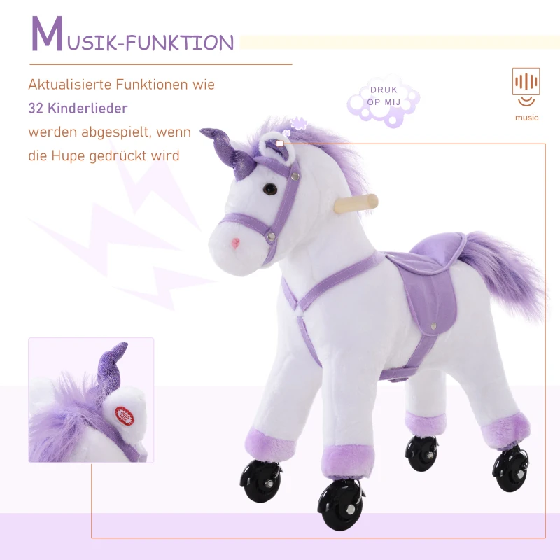 HOMCOM Rijpaard op wielen voortbeweging speelpaard rijdier hinniken pluche paars