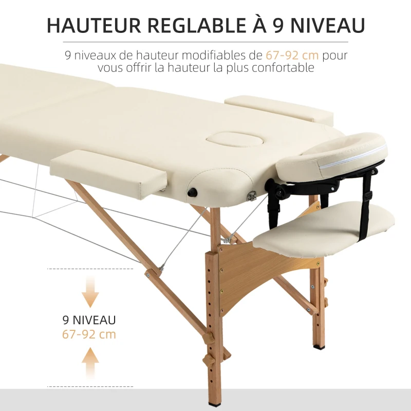 HOMCOM Lit/Table de Massage cosmetique Pliable en Bois 2 Zones (Crème)