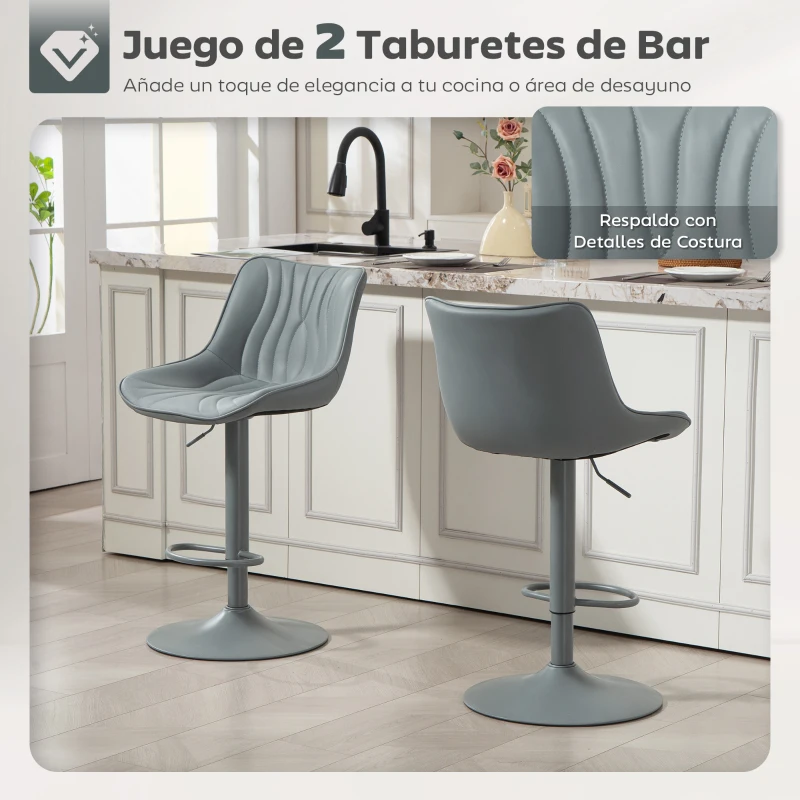 HOMCOM Juego de 2 Taburetes de Bar con Altura Ajustable Respaldo Asiento de Piel Sintética Marco de Acero y Reposapiés Gris