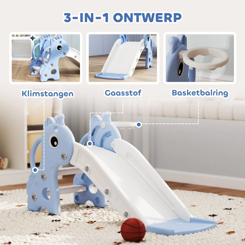AIYAPLAY 3-in-1 Kinder Glijbaan in Giraffenvorm met Basketbalring, Bal, Blauw