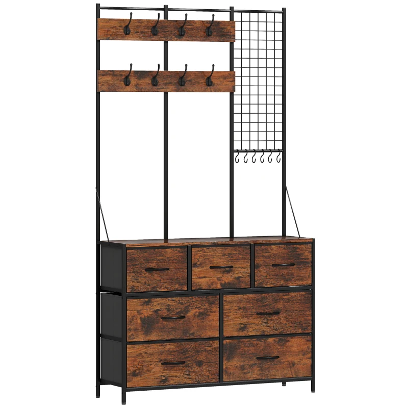 HOMCOM Perchero Zapatero con Zapatero Ganchos Cajones y Eatante para Entrada Pasillo Salón 100x30x183 cm Marrón Rústico
