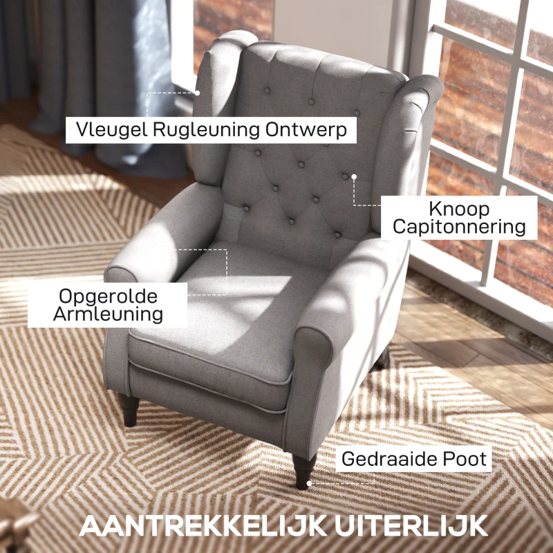 HOMCOM Elegante Oorfauteuil, Dik Gepolsterd, Afneembare Hoes, 74 x 86 x 102 cm, lichtgrijs