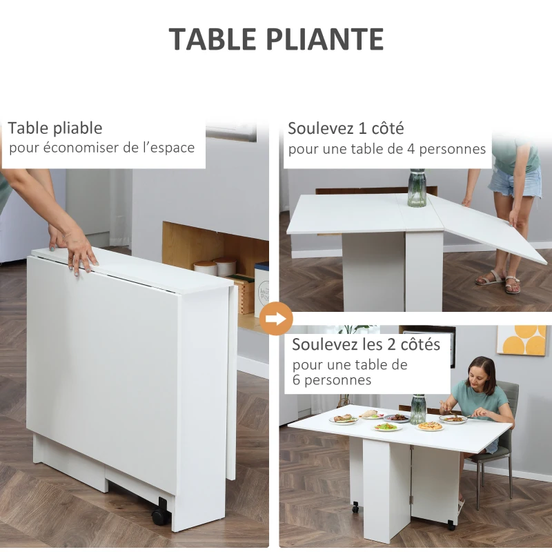 HOMCOM Table pliante de cuisine salle à manger amovible sur roulettes 75L x 140l x 74H cm 2 étagères intégrées en bois coloris blanc