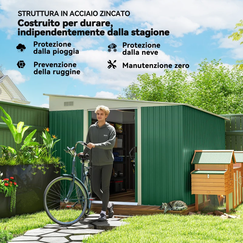 Outsunny Casetta da Giardino con Porta Scorrevole, in Acciaio, 345x280.5x169-201cm, Verde
