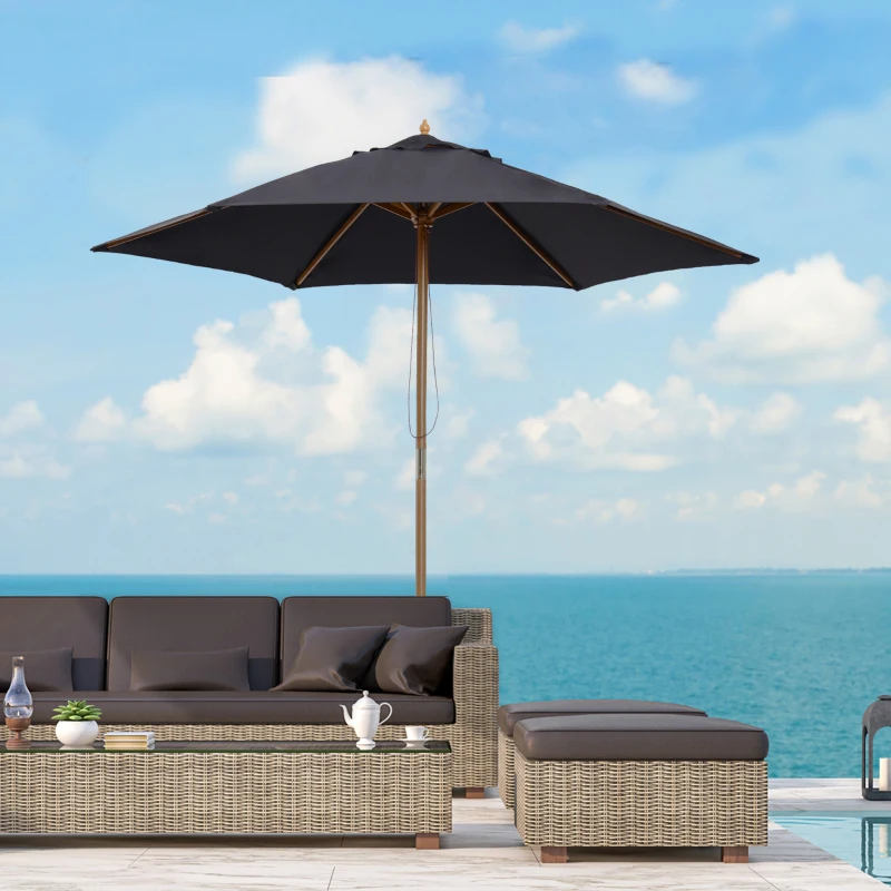 Outsunny Ombrellone da Giardino Rotondo con Palo in Legno, Ø2,5 m, Nero