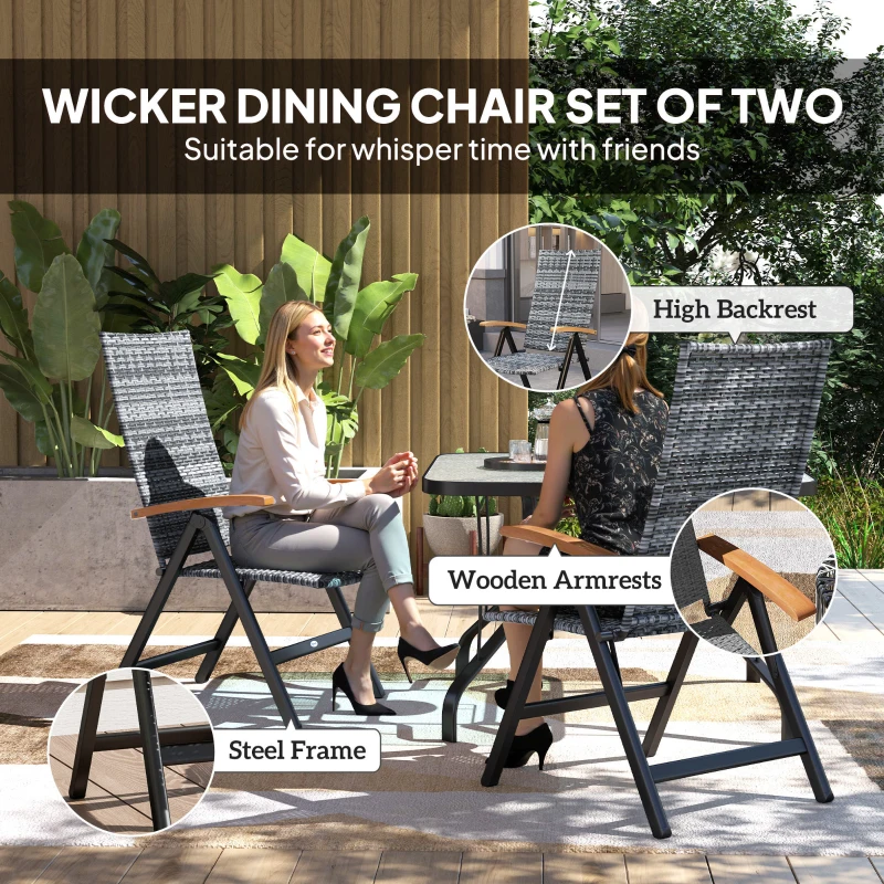 Outsunny 2 Pieces Folding Rattan Garden Dining Chairs with 5-level Reclining High Back, Wood Armrests for Outdoor - Light Grey
