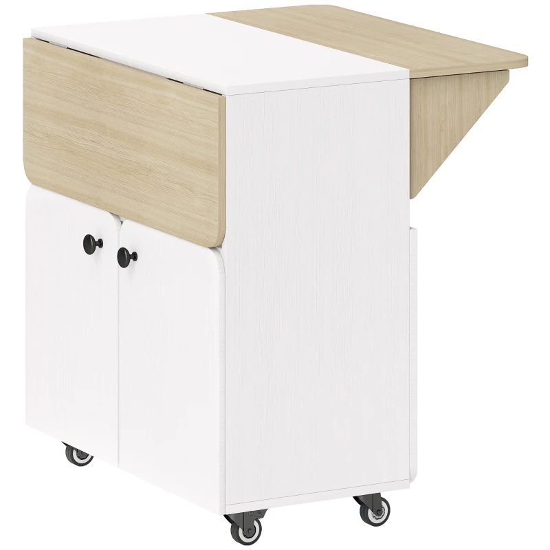 HOMCOM Mesa Plegable Armario con Ruedas, dos paneles de mesa plegables, compartimento de armario, 4 ruedas, Blanco + Madera natural, 70 x 83 x 75cm