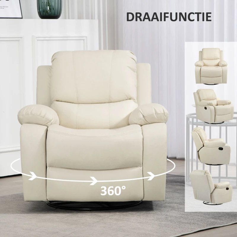 HOMCOM Relaxstoel, verstelbare leuning & voetsteun, draaibaar, tot 150 kg, stalen frame, 93x100x98cm, Crèmewit(m-6)