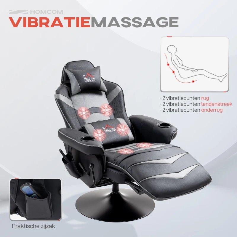 HOMCOM Gamingstoel met Massagefunctie, Kantelbare Leuning, Voetsteun, tot 120 kg, Stalen Frame, Kunstleer, Grijs(m-4)