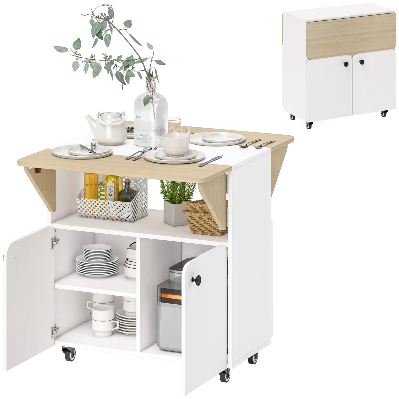 HOMCOM Mobile Tavolo Pieghevole con Ruote, due piani pieghevoli, Vano portaoggetti, 4 Ruote, Bianco+Naturale, 70 x 83 x 75cm
