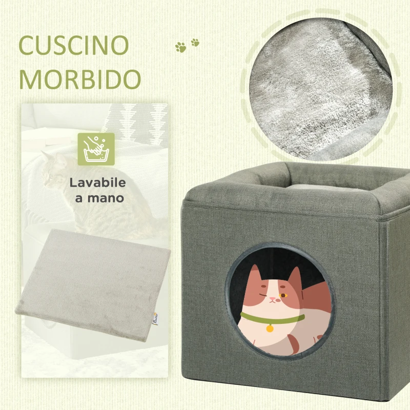 PawHut Casetta per Gatti a 2 Livelli con Cuscino in Peluche, in Legno, Poliestere e Plastica, 36.5x36.5x33 cm, Verde