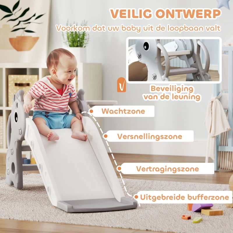 AIYAPLAY 3-in-1 Kinderglijbaan in Giraffenvorm met Basketbalring en Bal, Grijs(m-6)