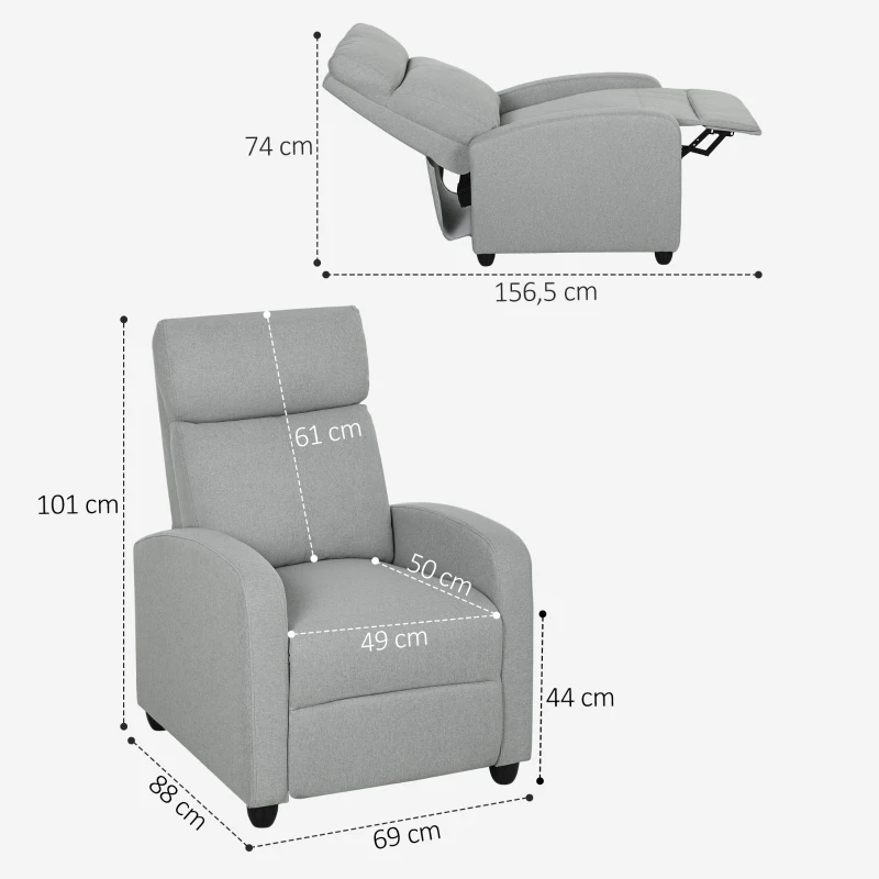 HOMCOM Fauteuil relaxant, réglable à 135°, repose-pieds extensible, accoudoirs rembourrés, lin-polyester, Gris clair
