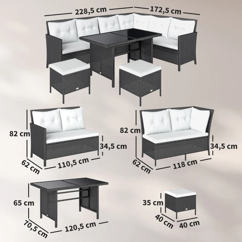 Outsunny Salon de jardin 8 pers. grand confort canapé d'angle + 2 poufs + table à manger 12 coussins assise & dossier fournis polyester écru résine tressée noire