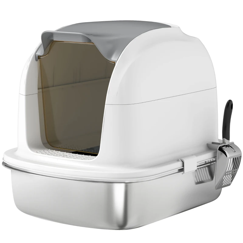 PawHut Arenero para Gatos de Acero Inoxidable XL con Tapa Abatible Laterales Altos Entrada Superior Pala 52,4x41,3x42 cm Blanco