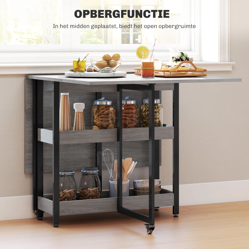 HOMCOM Opklapbare Eettafel in Industrieel Ontwerp, voor tot 4 Personen, Open Planken, Flexibel, Metaal, Spaanplaat, Grijs