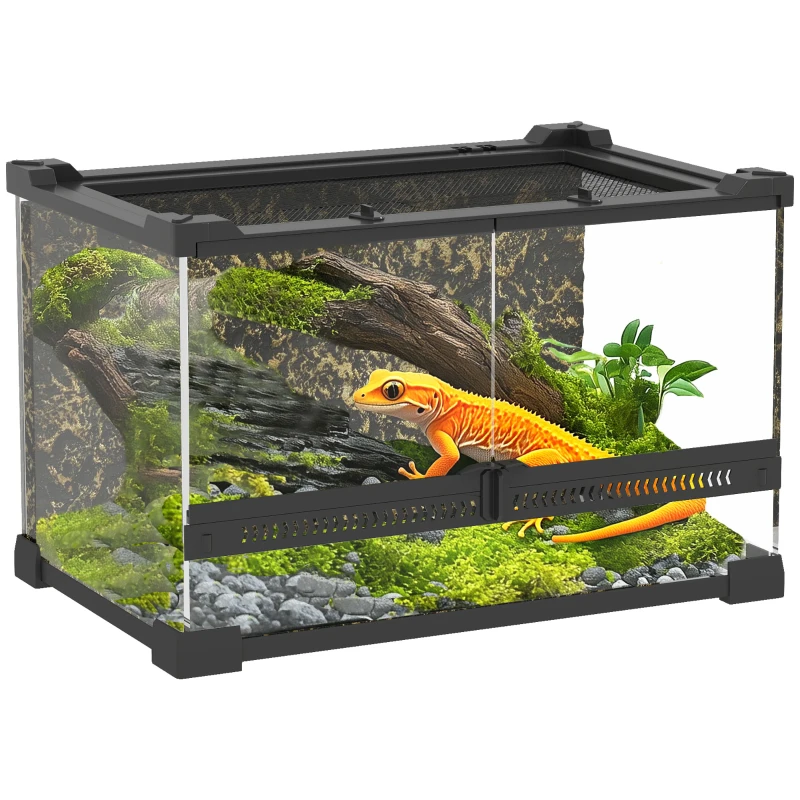 PawHut Reptile Glass Terrarium with Stone Background, Front Ventilation, Escape-Proof Knob Lock, 30 x 20 x 20 cm, Black