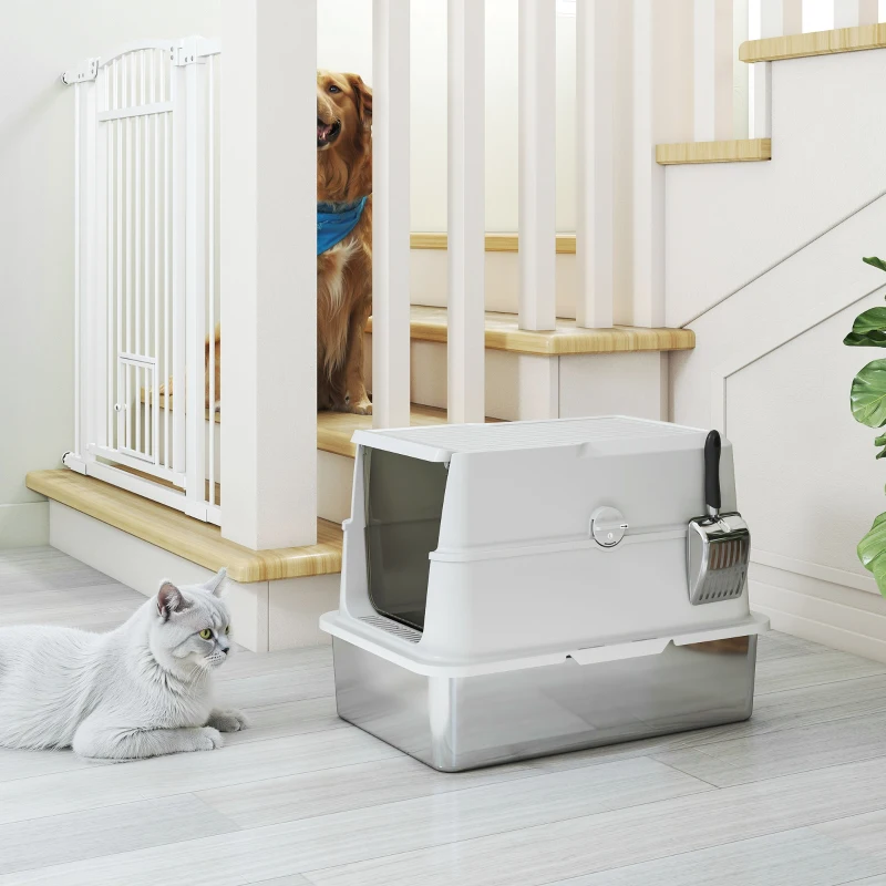 PawHut Kattenbak, roestvrij staal, XL-interieur, met schep, lichtgrijs(m-9)