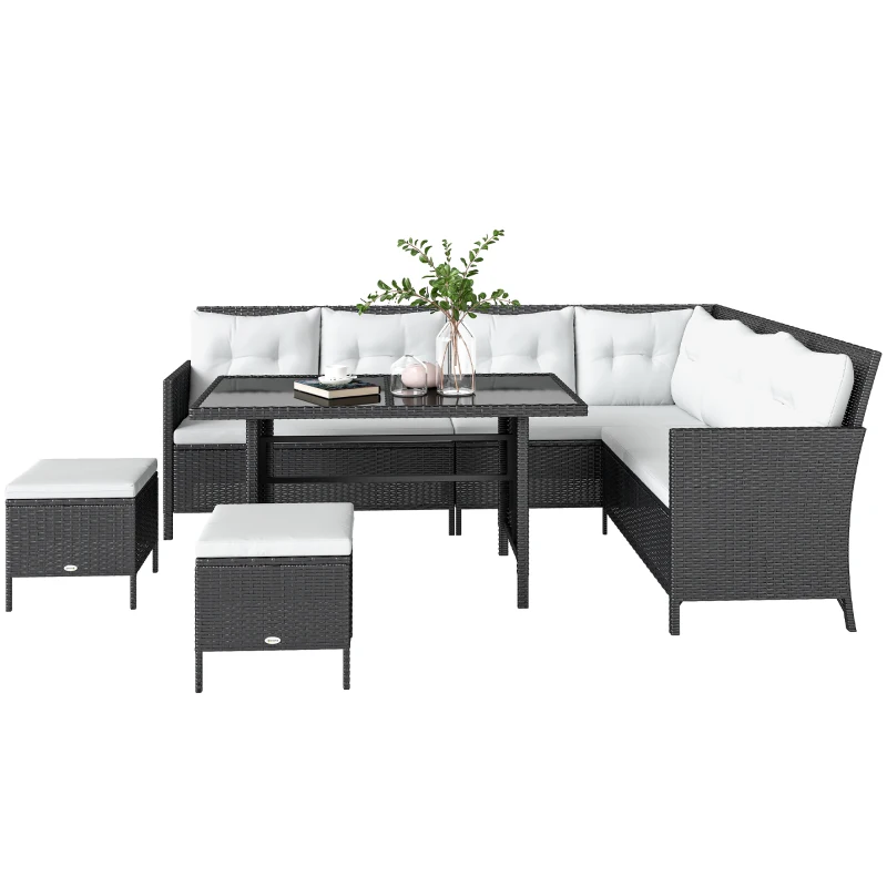 Outsunny Salon de jardin 8 pers. grand confort canapé d'angle + 2 poufs + table à manger 12 coussins assise & dossier fournis polyester écru résine tressée noire