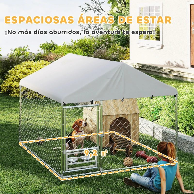 PawHut Perrera de Acero Galvanizado con Toldo Resistente y Estación de Alimentación para Perros 200x200x154 cm Plata