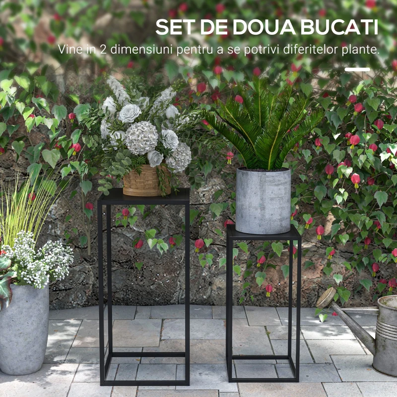 Outsunny Set de 2 Suporturi din Metal pentru Plante Raft de Expunere a Florilor Stivuibil pentru Utilizare in Interior sau in Aer Liber