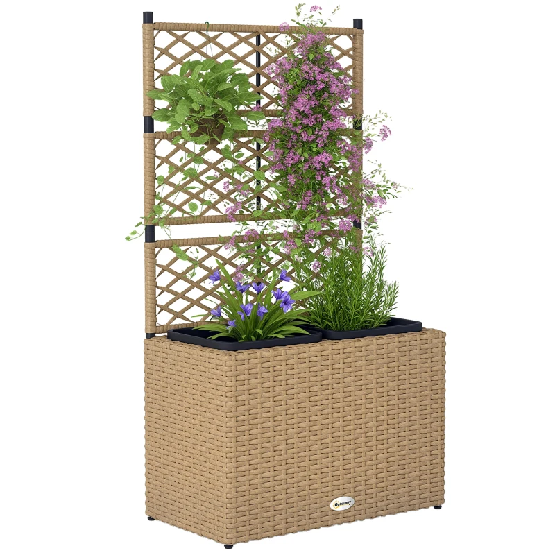 Outsunny Jardinière pour plantes avec treillis 3 bacs à plante 22L en résine tressée et acier 57 x 30 x 107 cm sable