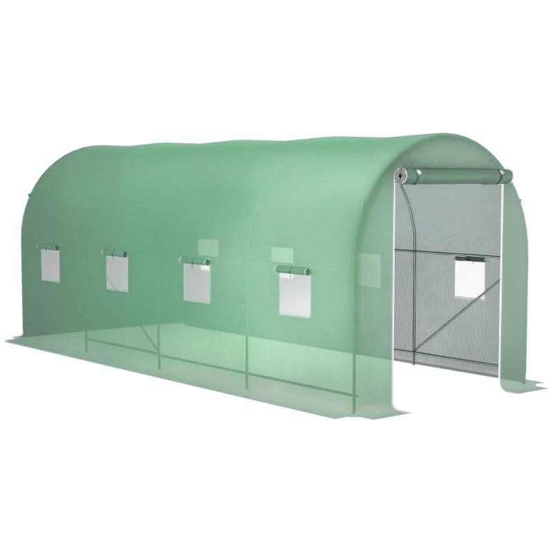 Outsunny Estufa tipo Túnel 500x200x205 cm Estufa de Jardim com Porta Enrolável e 8 Janelas Cobertura de PE 140 g/m² Verde