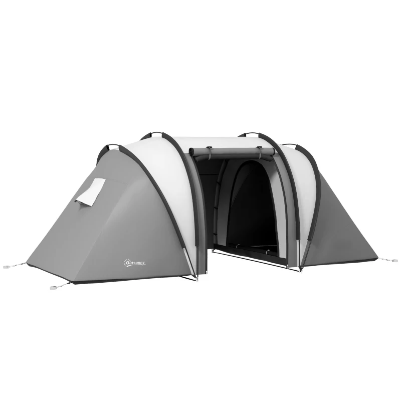 Outsunny Tenda de Campismo Familiar para 4-5 Pessoas Impermeável 3000 mm com 2 Quartos Bolsa de Transporte e Gancho 450x220x180 cm Cinzento