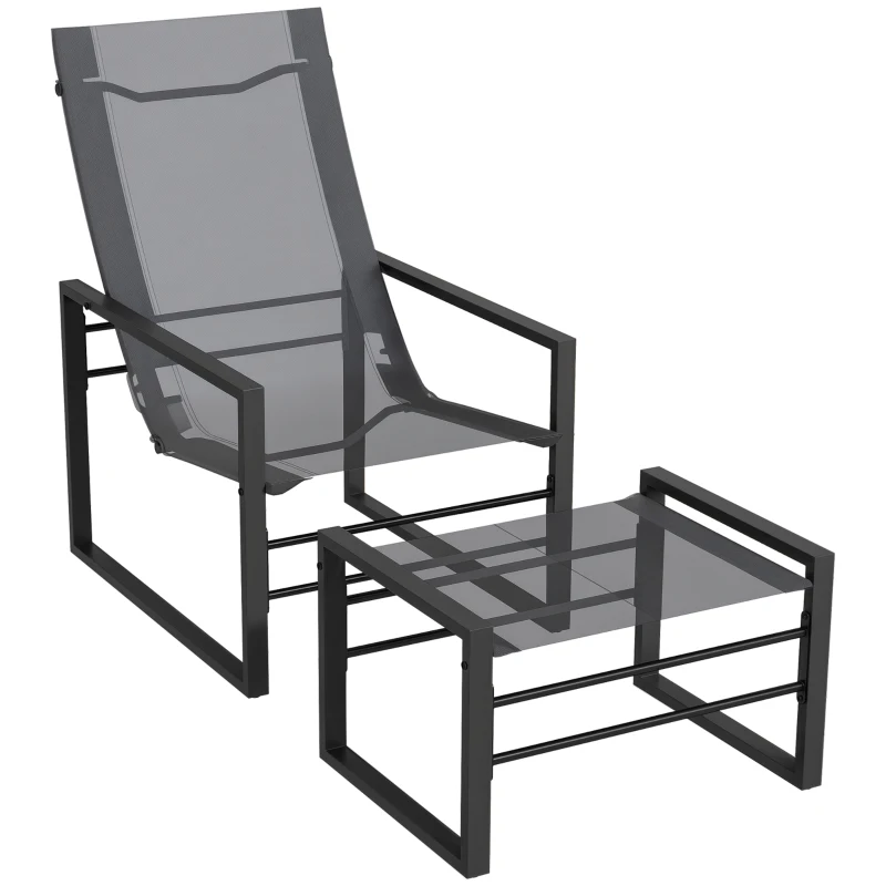 Outsunny Ensemble fauteuil relax de jardin avec repose-pieds, chaise longue, structure métal et tissu mesh aéré - gris