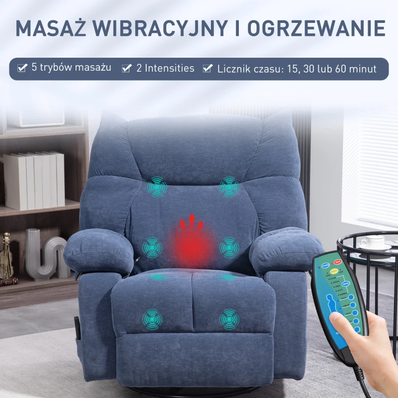 HOMCOM Fotel Masażer z Funkcją Ogrzewania i Leżenia, Obrotowy, do 150 kg, Konstrukcja Metalowa, 98x90x98cm, Niebieski