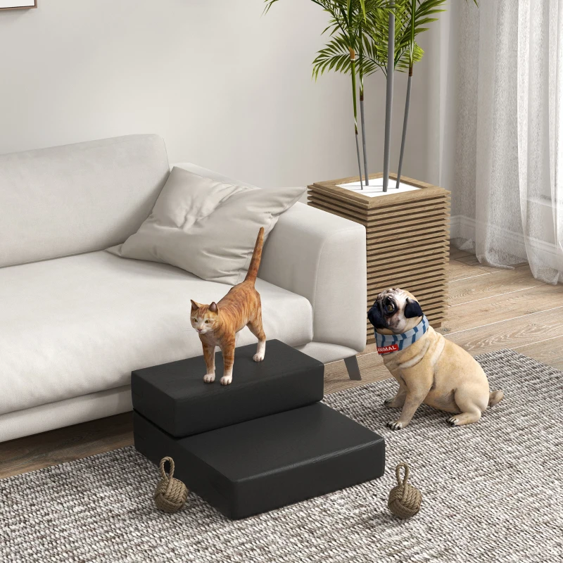 PawHut Haustiertreppe Tierunterlage 2 Stufen Klappbar Hundetreppe Treppe Unterlage für Katzen und Hunde Schwarz L45 x B39 x H20 cm